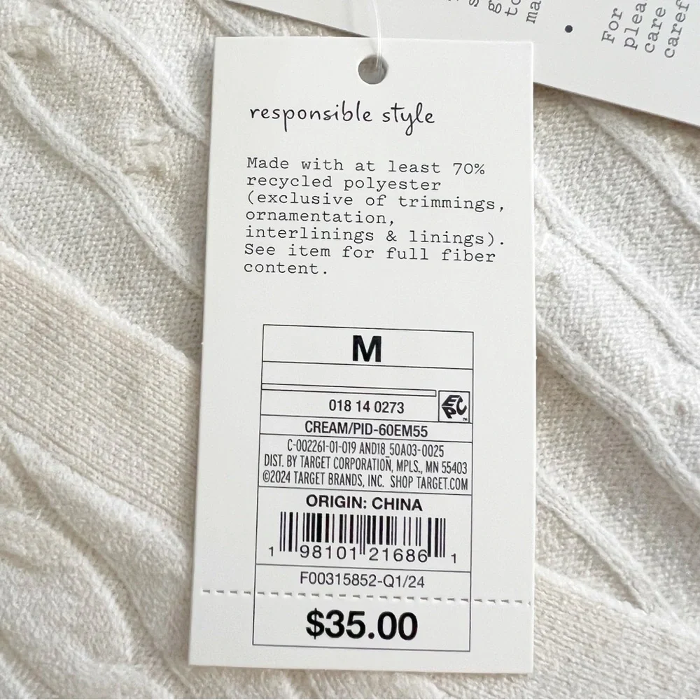 NWT Cable Knit V Neck Cardigan Sweater Button Medium Cream Preppy Academia Soft